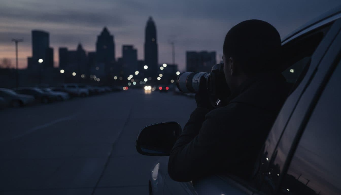 A JP investigator conducting discreet, professional surveillance at dusk